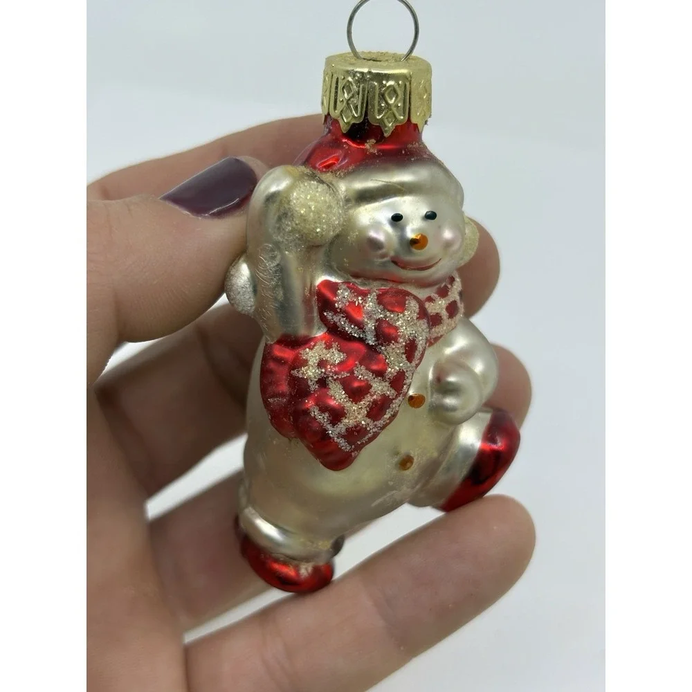 Vtg Blown Glass Christmas Ornament Festive Snowman 3" Red / White - Picture 2 of 5
